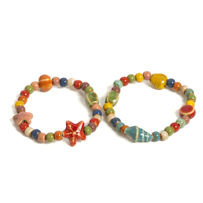 Handmade Colorful Starfish & Seashell Ceramic Beaded Bracelet Boho Beach Jewelry Elastic Wristband for Women & Teens S001186