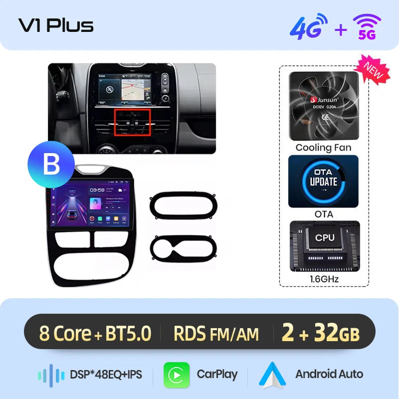 Junsun Wireless CarPlay Android Auto Car Radio for Renault Clio 4 2012- 2017 2 DIN Multimedia Stereo with Built-in Cooling Fan GPS Navigation SWC Bluetooth FM RDS DSP IPS Screen Car Intelligent Systems 4G WiFi 8 Core
