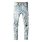 Men Crystal Holes Ripped Patchwork Jeans Streetwear Light Blue Denim Slim Skinny Pencil Pants Trousers