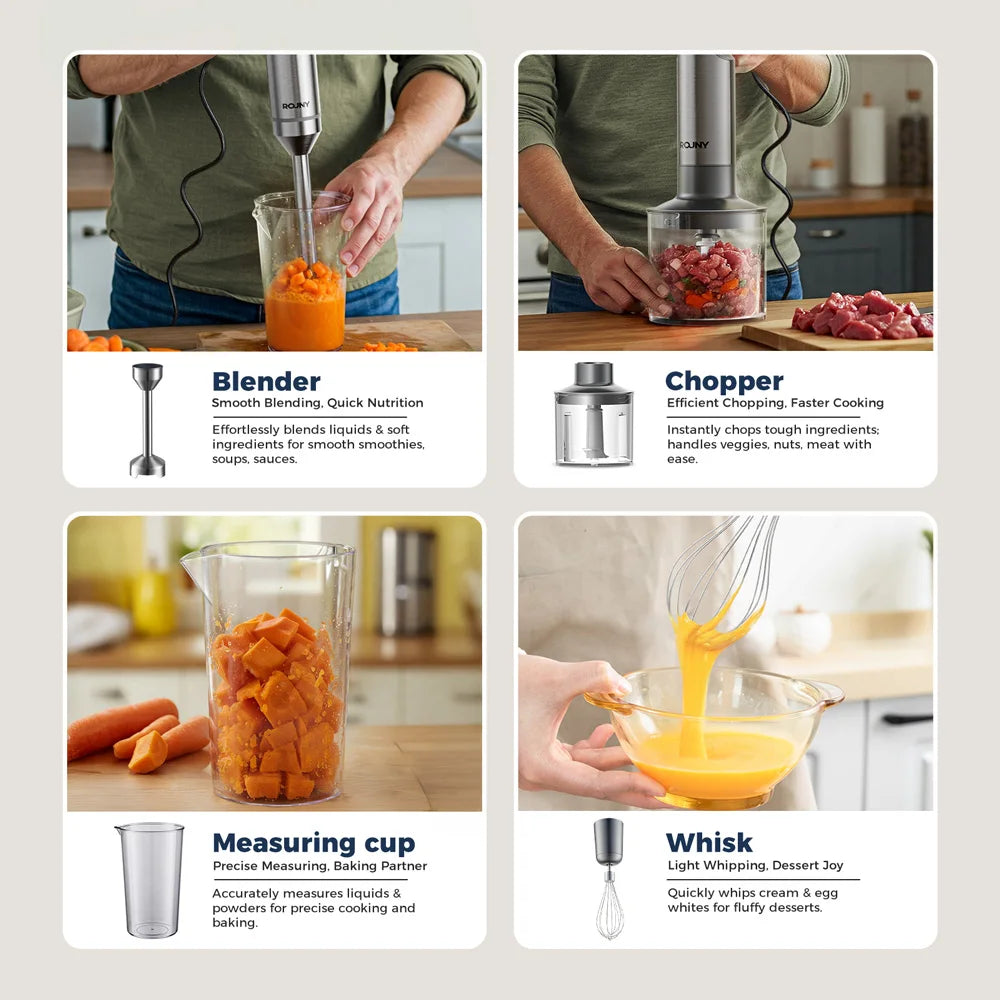 Hand Immersion Blender Powerful 4-in-1,Stainless Steel Stick Food Mixer,700ml Mixing Beaker,500ml Processor,Whisk