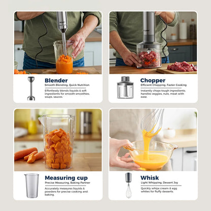 Hand Immersion Blender Powerful 4-in-1,Stainless Steel Stick Food Mixer,700ml Mixing Beaker,500ml Processor,Whisk