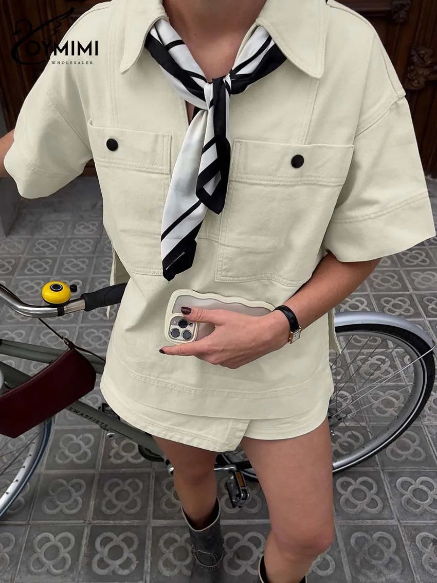 Oymimi Fashion Beige 2 Piece Sets Woman Outfit Elegant Lapel Short Sleeve Pockets Side Slit Shirts And High Waisted Shorts Sets