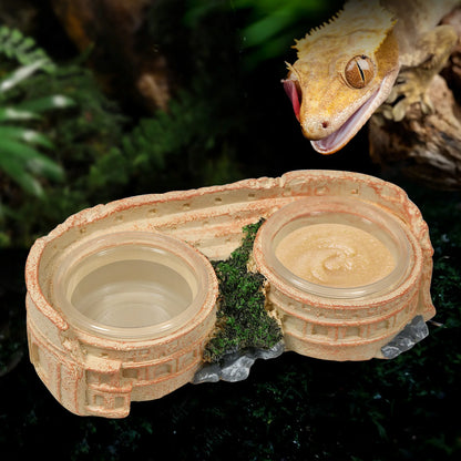 Two-in-One Reptile Food and Water Bowl, resin material, includes 2 easy-clean plastic bowls, suitable for lizards, geckos