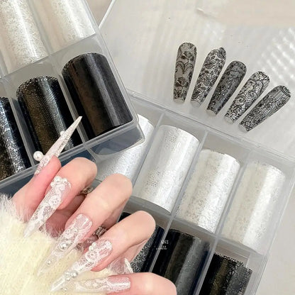 10 Rolls/Box New Black&White Lace Nail Transfer Stickers Sexy Lace Flower Full Wraps Nail Decals DIY French Manicure Decorations