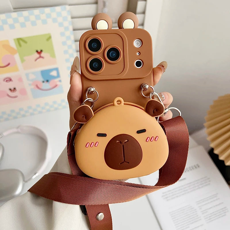 For iPhone 17 16 15 14 13 12 11 XR Xs 6 6s 7 8 SE Pro Max mini Plus e Capybara head Wallet Case With Accessories