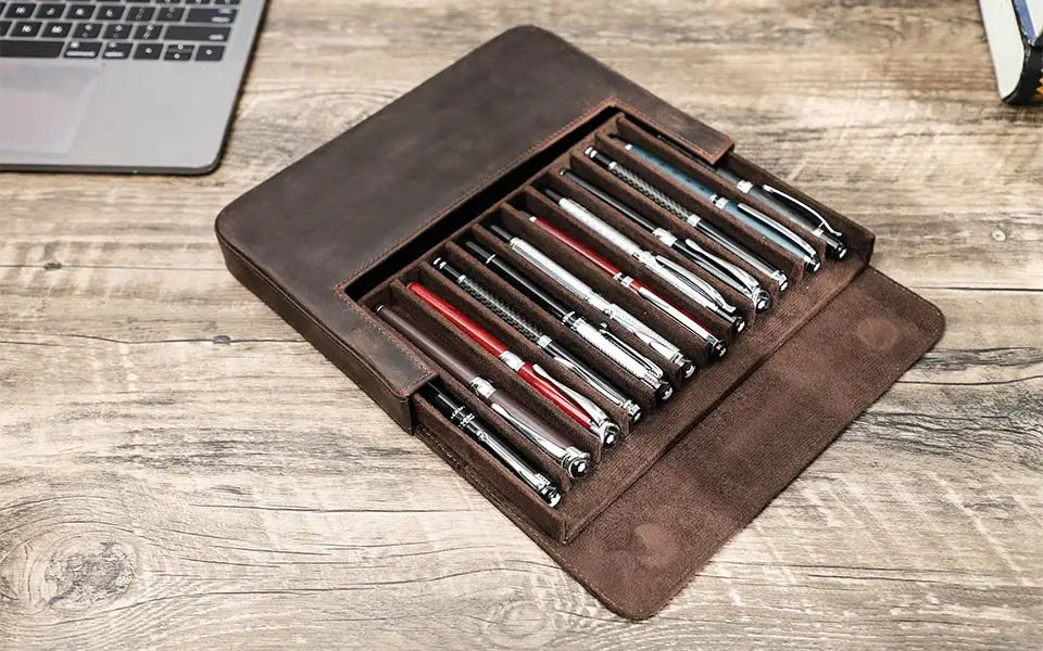 Luxury Genuine Leather 12 Slots Fountain Pen Case Box Office School Stationery Pen Storage Pouch Holder with Removable Pen Tray