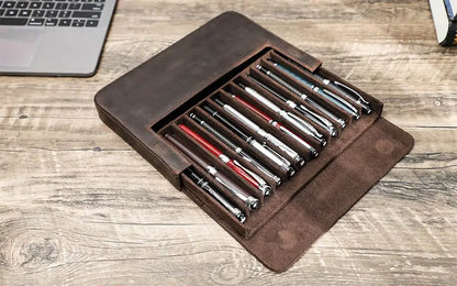 Luxury Genuine Leather 12 Slots Fountain Pen Case Box Office School Stationery Pen Storage Pouch Holder with Removable Pen Tray
