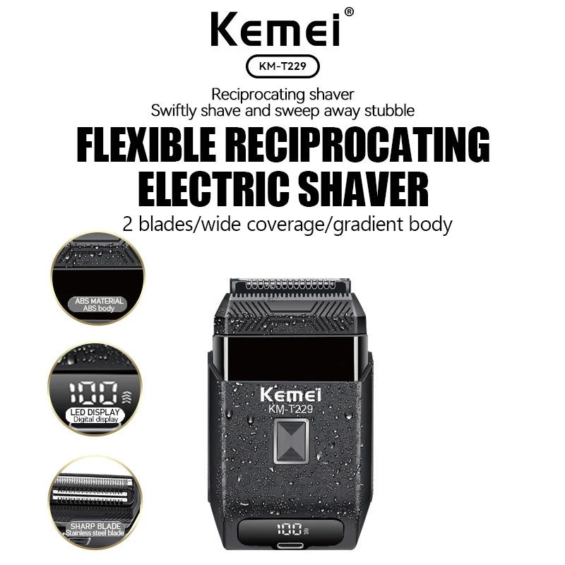 Kemei  Professional IPX7 Waterproof Shaving Machine Men Travel Beard Trimmer Electric Shaver Barber Rechargeable Razor KM-T229