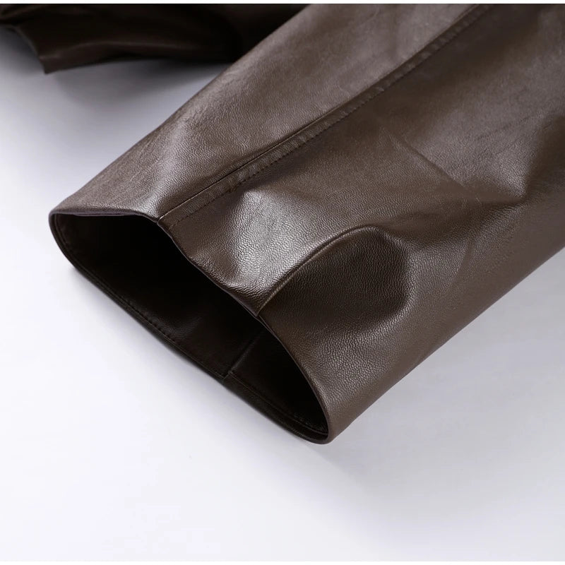 Street Women's Belt Leather Jackets Loose Lapel Zipper Long Sleeve Pockets Female Coats 2026 Autumn Lady Fashion Y2k Outwear