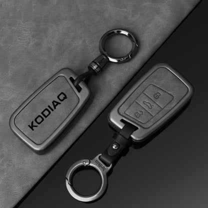 Leather Car Key Case Cover Shell Holder for Skoda Kodiaq Remote Control Key Cover Metal Housing Keyless Protector Accessories