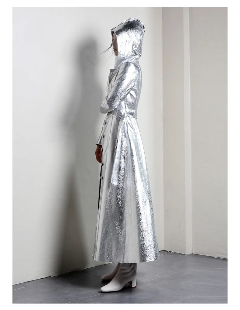 Lautaro Spring Autumn Extra Long Cool Silver Shiny Reflective Pu Leather Trench Coat for Women with Hood Luxury Runway Fashion