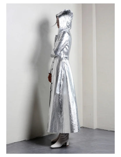 Lautaro Spring Autumn Extra Long Cool Silver Shiny Reflective Pu Leather Trench Coat for Women with Hood Luxury Runway Fashion
