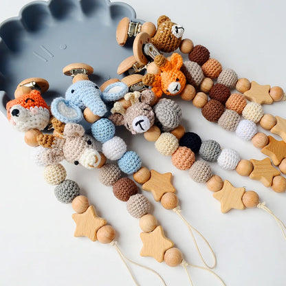 Cartoon Bunny Pacifier Chain Clip Wood Crochet Bear Teething Chain Baby Teether Soother Holder Newborn Chew Toys Pacifier Clips