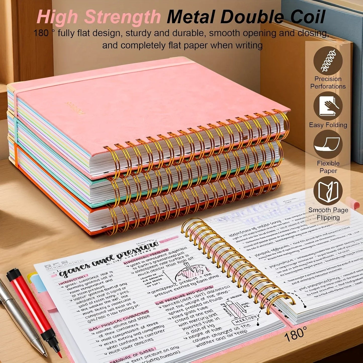 Extra Large Hardcover Spiral Notebook - with Removable Dividers & Tabs, 300 Pages Faux Leather Cover,For School,Office,Planner