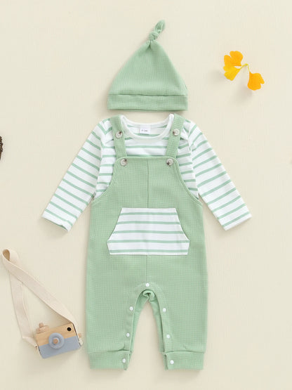Newborn Baby Boy Fall Winter Clothes Striped Long Sleeve Romper Overall Pants Hat 3Pcs Set Cute Coming Home Outfit