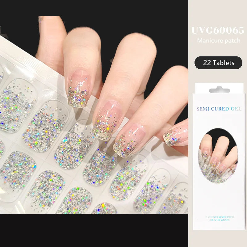 16/22 Tips Semi Cured Gel Nail Stickers for UV Lamp Designer Adhesive Nail Gel Wraps DIY Long-lasting  Nail Decoration