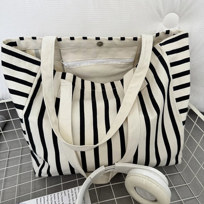 Striped Canvas Bag Beach Handbag Fashionable Women's Canvas Summer Large Capacity Shoulder Bag