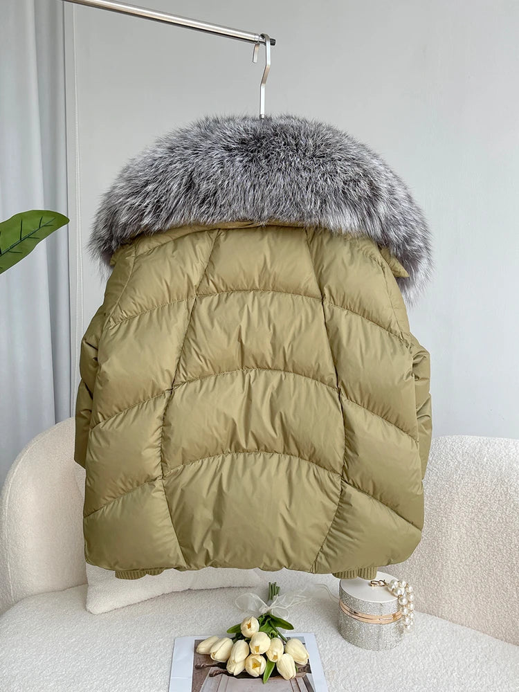 Oversized Winter Warm Real Fox Fur Collar Black Down Coat Women Puffer Outerwear Jackets 2024 Autumn Winter