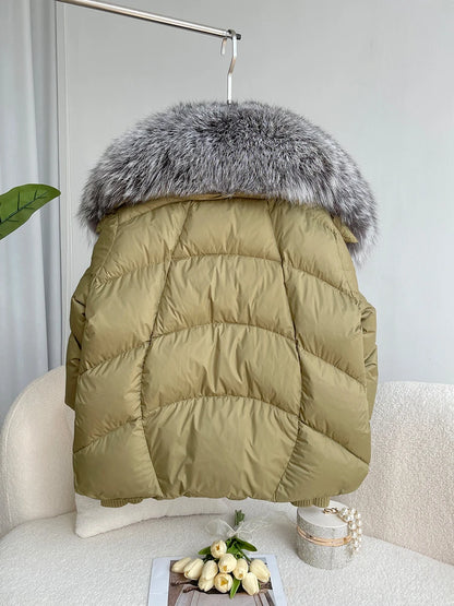 Oversized Winter Warm Real Fox Fur Collar Black Down Coat Women Puffer Outerwear Jackets 2024 Autumn Winter