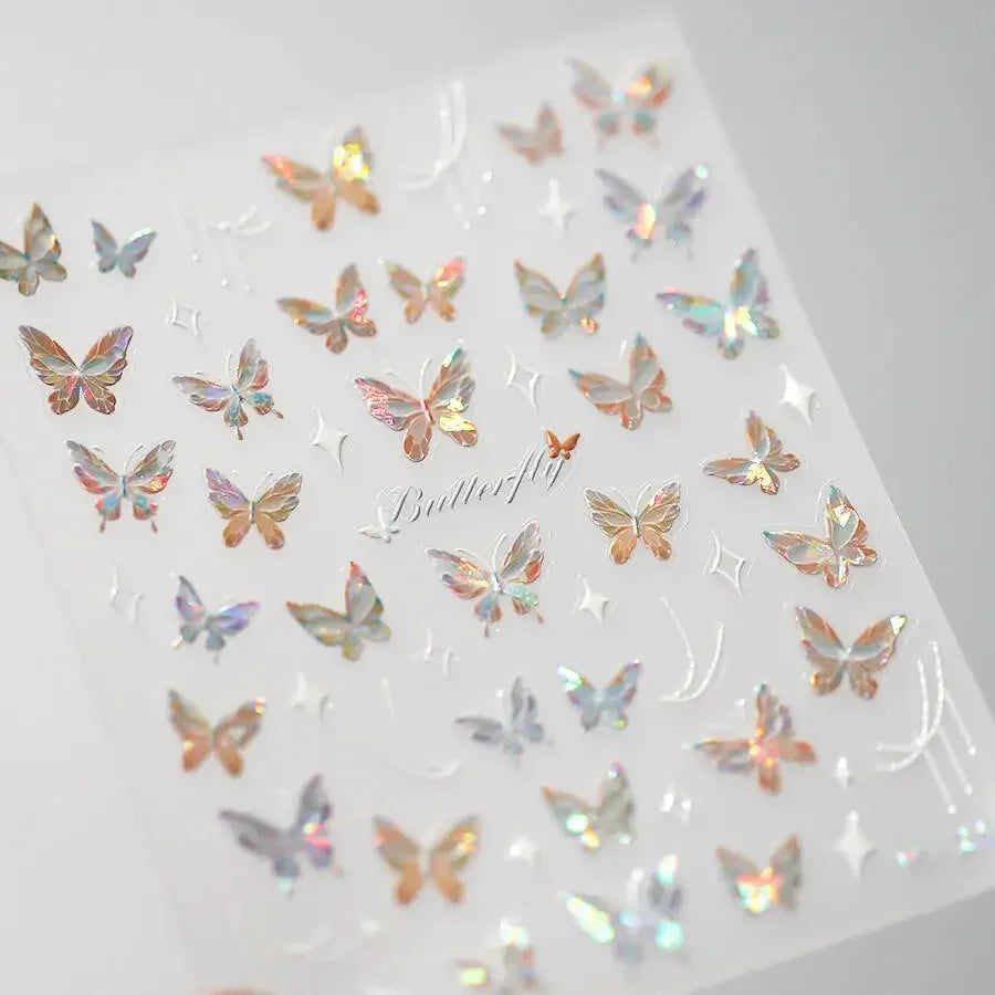 Shiny Jelly Butterfly Charming Golden Gradient Bowknot 5D Self Adhesive Nail Art Sticker Flower Petal Rhinestone Manicure Decals