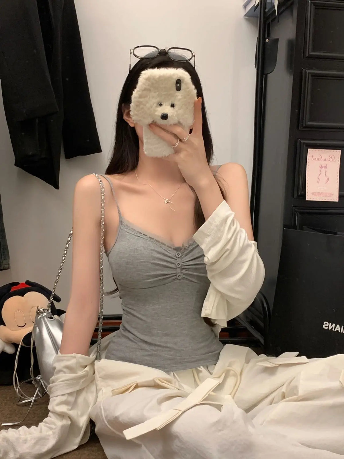Pure Desire Sexy Lace Splice Strap Vest Women's Inner Wear Slimming Matching Top Trendy Tube Top Cotton Blend Elastic Fiber