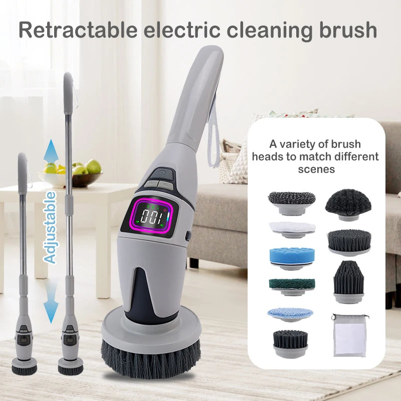 Rechargeable Electric Spin Scrubber, 3 Speed Settings, with Extendable Handle and Voice Prompts, for Whole House Clean