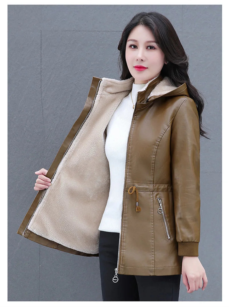 Winter Coat New Fashion Soft Leather Clothes Women's Long Sheep Leather Jacket Plus Velvet Padded Warm Coat