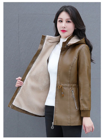 Winter Coat New Fashion Soft Leather Clothes Women's Long Sheep Leather Jacket Plus Velvet Padded Warm Coat