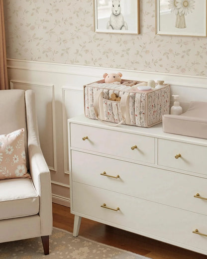 Diaper Caddy Organizer, Stylish Nursery Storage Basket, Gift for Baby Shower, Newborn Essentials, Floral Beige