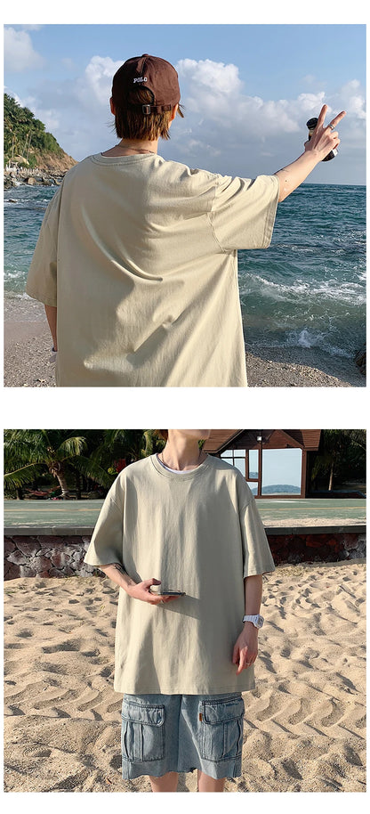 Oversized Summer Short Sleeve Men's T Shirt New Fashion Solid Loose O-Neck T Shirts Mens Cotton Hip Hop Streetwear Top Tees 5XL