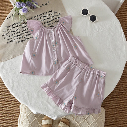 Girls' Summer Fashion Set Children's Flower Print Flying Sleeve Top+Shorts Two Piece Cute Little Girl Refreshing Set
