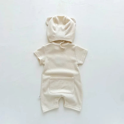 Cotton Romper Gift Hat with Ear New In Summer Kids Baby Girls Boys Short Sleeve Waffle Patch Bear Infant Newborn Jumpsuits
