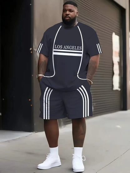 Denim Graphic T-shirt And Shorts 2-piece Set 2025 Plus Size Men's Clothing Casual Loose Drawstring Waist Shorts Short Sleeve Top