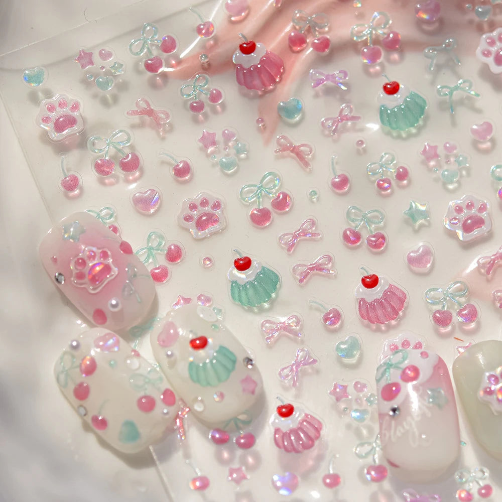 5D Pudding Jelly Dessert Fruit Cherry Pink Claw Print Bowknot Tie knot Love Heart Stars Nail Art Sticker Adhesive Manicure Decal