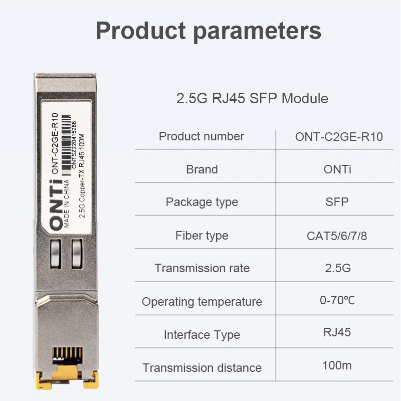 ONTi 2.5G RJ45 SFP Module 2.5Gbps SFP Copper RJ45 SFP Transceiver Module Compatible with Cisco/Mikrotik Ethernet Switch