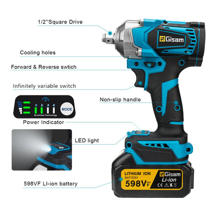 Gisam 1200NM Brushless Electric Impact Wrench Rechargeable Wrench 1/2" Car Tires Cordless Power Tools For Makita 18V Battery Pin