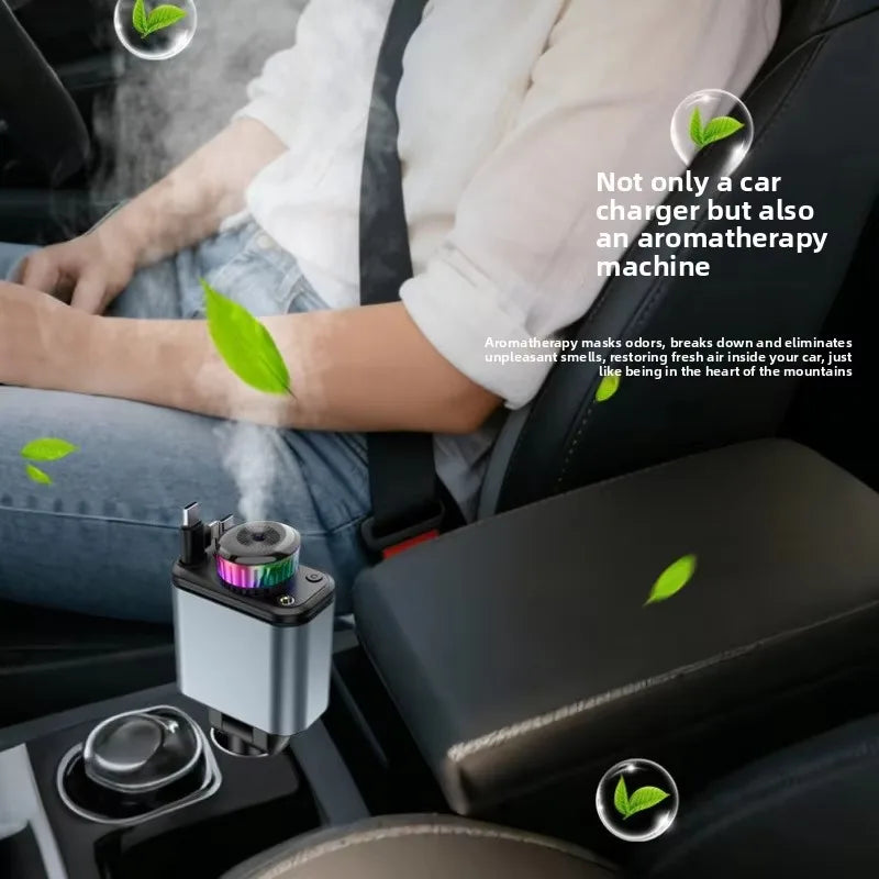 120W 5-in-1 Car Fast Charger Retractable Cable PD 30W Digital Voltmeter Star Light Car Charging Adapter For IOS Android