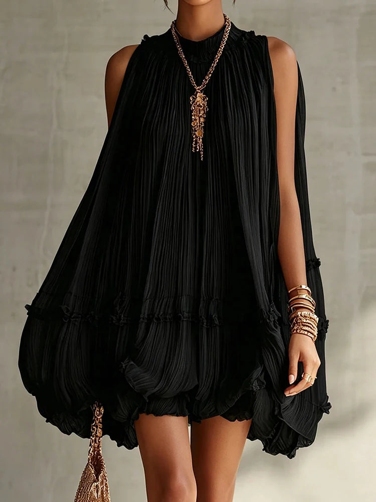 2026 Women Solid O-Neck Princess Party Dress Spring Summer Sexy Sleeveless Ladies Loose Ruched Dresses Streetwear Dropshipping