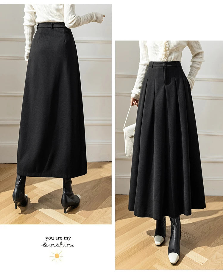 Vintage Winter Woolen Long Skirts For Women Streetwear High Waist Pleated Maxi Skirt Big Swing Folds A-Line Jupe Longues Femme