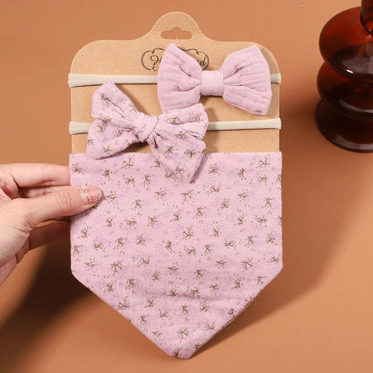 3Pcs/Set Muslin Cotton Print Bib Newborn Bows Headband Triangle Saliva Towel Infant Boy Girl Feeding Burp Baby Hair Accessories