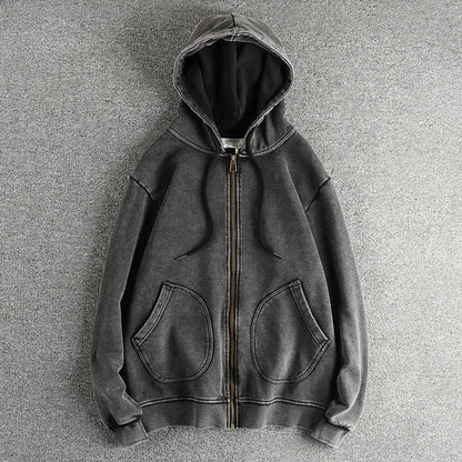 Heavy wash vintage high street trend hoodie men's chunky wool cotton comfort cardigan coat