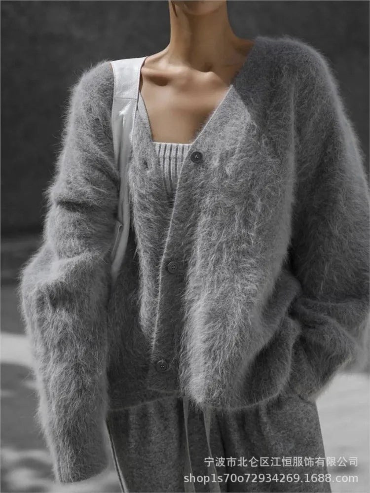 Women New Knitted Thick Cashmere Wool Cardigan Chic V Neck Single Breasted Fashion Long Sleeve Sweater Fall Winter Coat Outwear