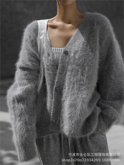 Women New Knitted Thick Cashmere Wool Cardigan Chic V Neck Single Breasted Fashion Long Sleeve Sweater Fall Winter Coat Outwear