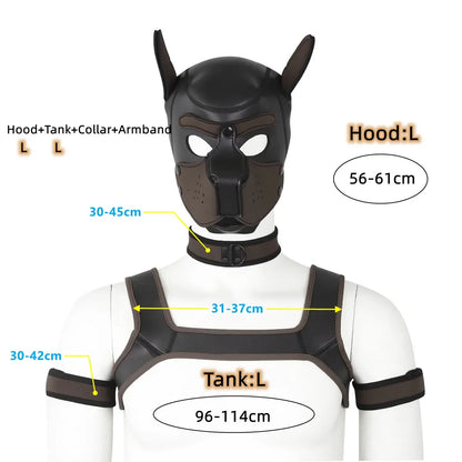 XL Large Size Puppy Cosplay Neoprene Fetish Hood Mask Kit with Chest Strap Collar Armband Sex Costumes for Bdsm Slave Role Play