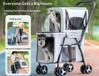 Luxury Double-Layer Eco-friendly ABS Material 4-Wheel Pet Stroller Small Large Dogs Cats Lightweight Travel Pet Carriers
