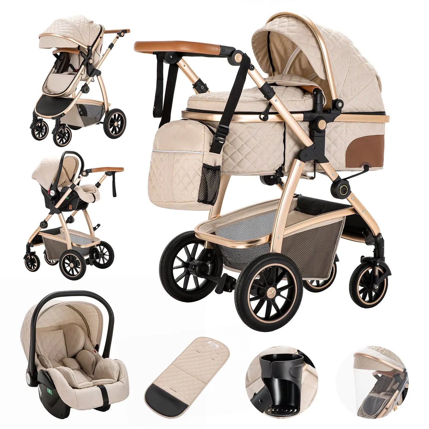 Baby Stroller 3 in 1 Easy Folding Multifunctional Stroller Travel Portable Baby Carriage Safety Seat EU Standard Aluminum Frame