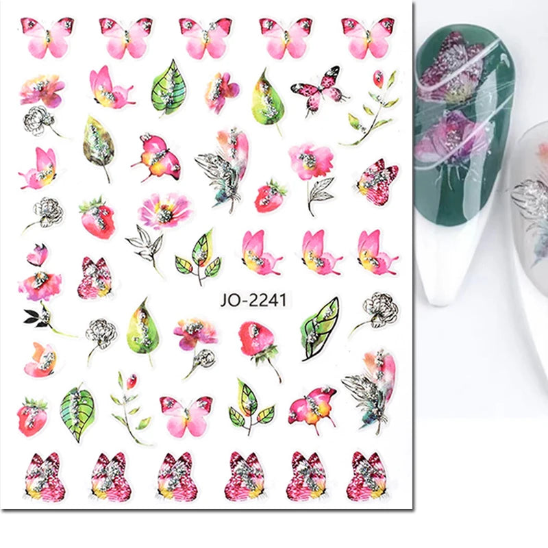 3d Nails Art Decals Spring Fruits Pink Full Tips Peony Magnolia Flowers Adhesive Sliders Stickers Decoration For Nails Manicure