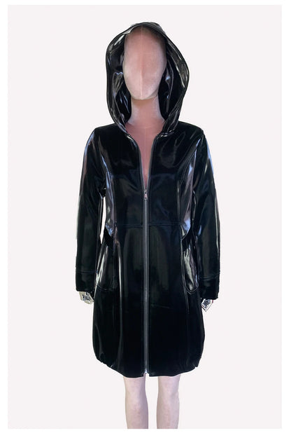 Nerazzurri Spring Fitted Waterproof Shiny Reflective Black Patent Faux Leather Jacket Women with Hood Zipper Red Autumn Clothes