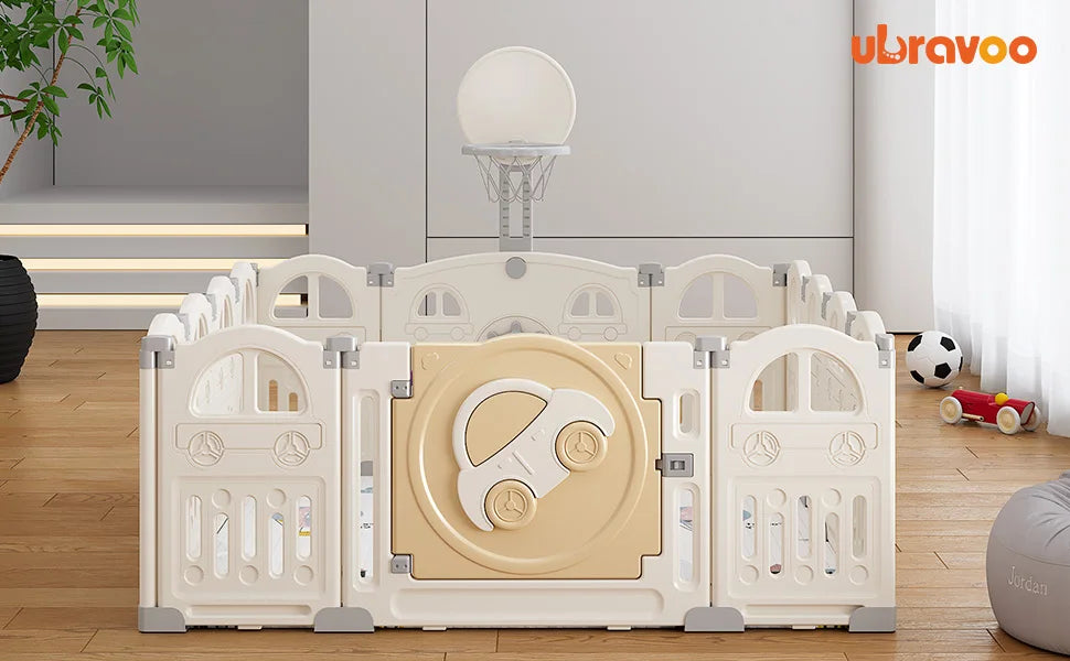 UBRAVOO Foldable Baby Playpen with Basketball Hoop & 50Pcs Coloured Pit Balls,  Toddler and Baby Play pen  fence, 14-Panel