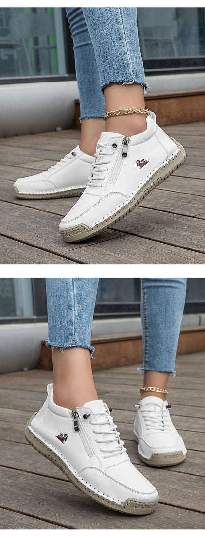 Women Sports Shoes 2026 New Outdoor Hiking Flat Bottomed Comfortable Casual Driving Shoes Soft Sole Zipper Fashion Leather Shoes